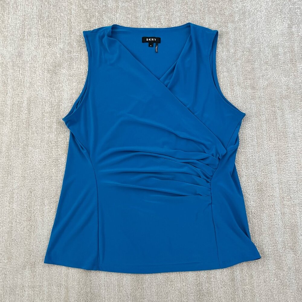 DKNY Faux Wrap Surplice Sleeveless Blue Summer Blouse Knit Top XL